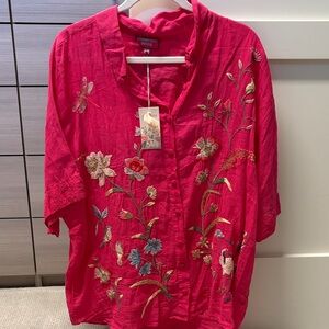 NWT Johnny Was Hot Pink Embroidered Button-Front Top